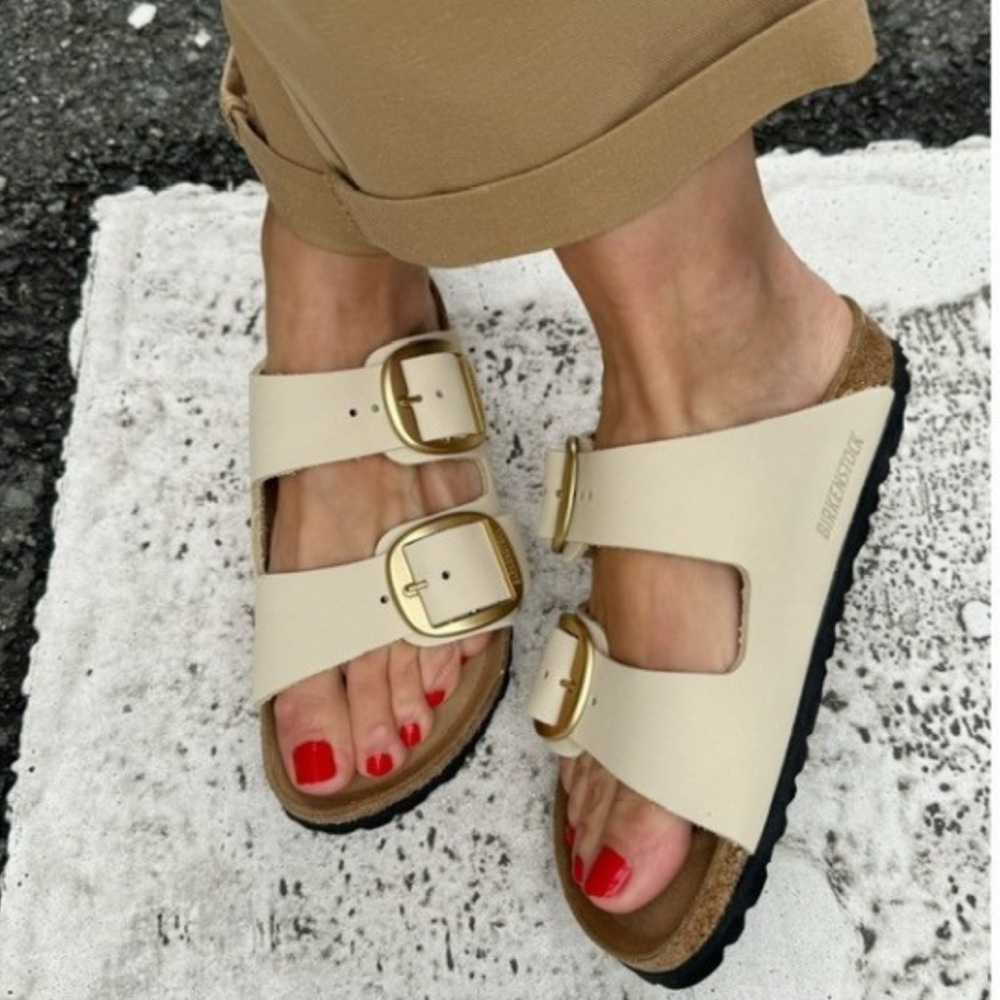 BIRKENSTOCK (EUC) Taupe Color With Large Gold Tone Buckles, Size 38 = Size 8.